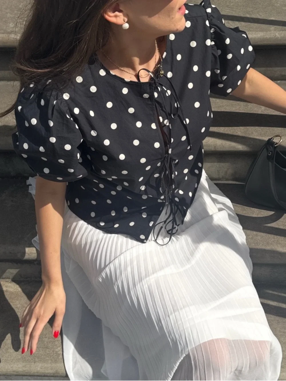 Abercrombie & Fitch Puff-Sleeve Tie-Front Polka Dot Blouse - Pink